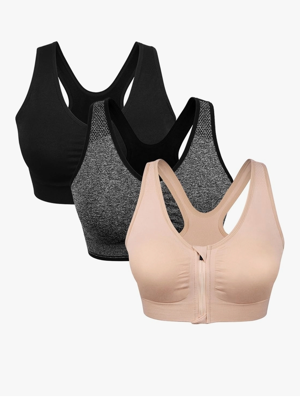Front-Zip Wirefree Support Sports Bra 3-Pack - Black, Heather Gray & Nude